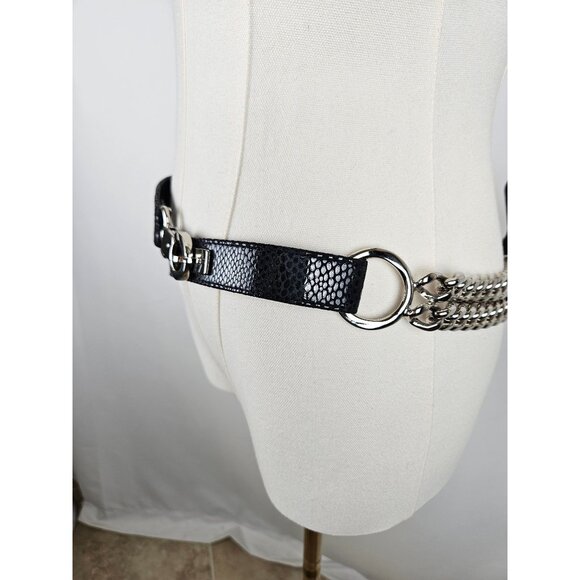 Suzi Roher Extra Large Black Leather Waist or Hip Belt With Silver Chain Accent - Picture 5 of 10